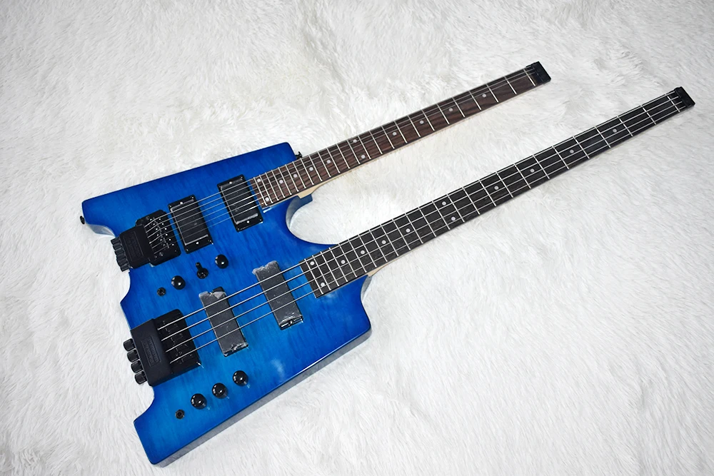 

Factory Blue Double Neck 4+6 Strings Electric Guitar without Headstock,Flame Maple Veneer,Black Hardware,Can be Customized