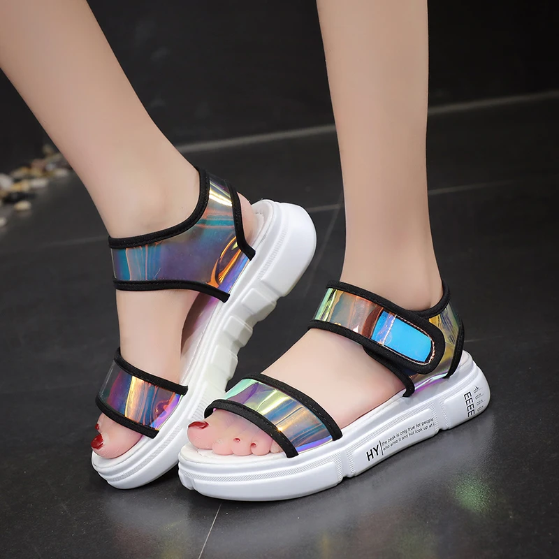 

Lucyever 2019 New Summer Fashion Mixed Colors PVC Famale Sandals Ladies Comfort Flat with Platform Shoes Woman Zapatos De Mujer