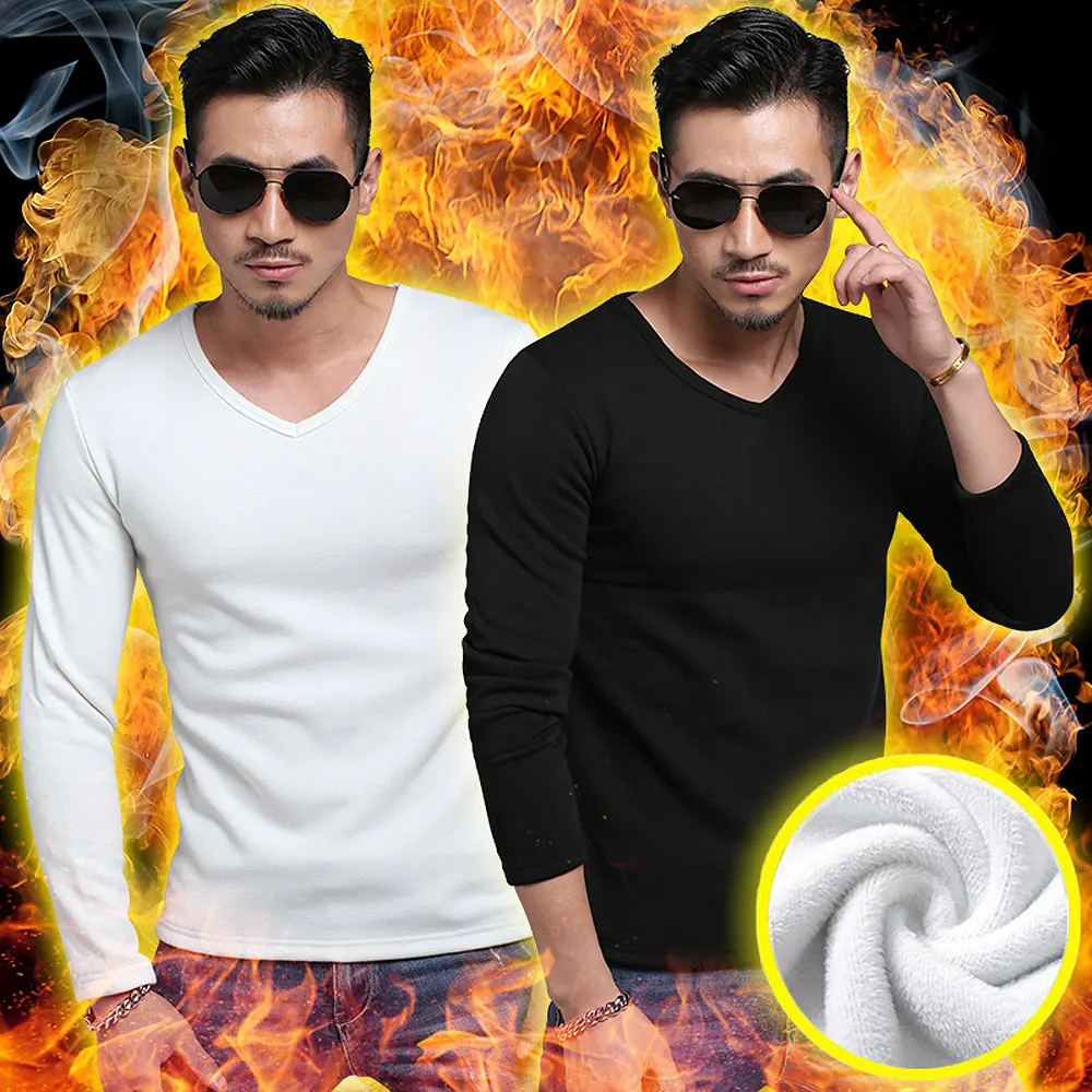 Autumn Winter Fleece lined T shirt Fashion Men Velvet Undershirts Thermal V Neck Cotton Long Johns S-5XL
