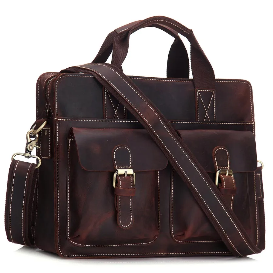

Brand Genuine Crazy Horse Leather 14' Bussiness Briefcase Men's Handbag Cross Body Shoulder Bag Male Handle Messenger Bags