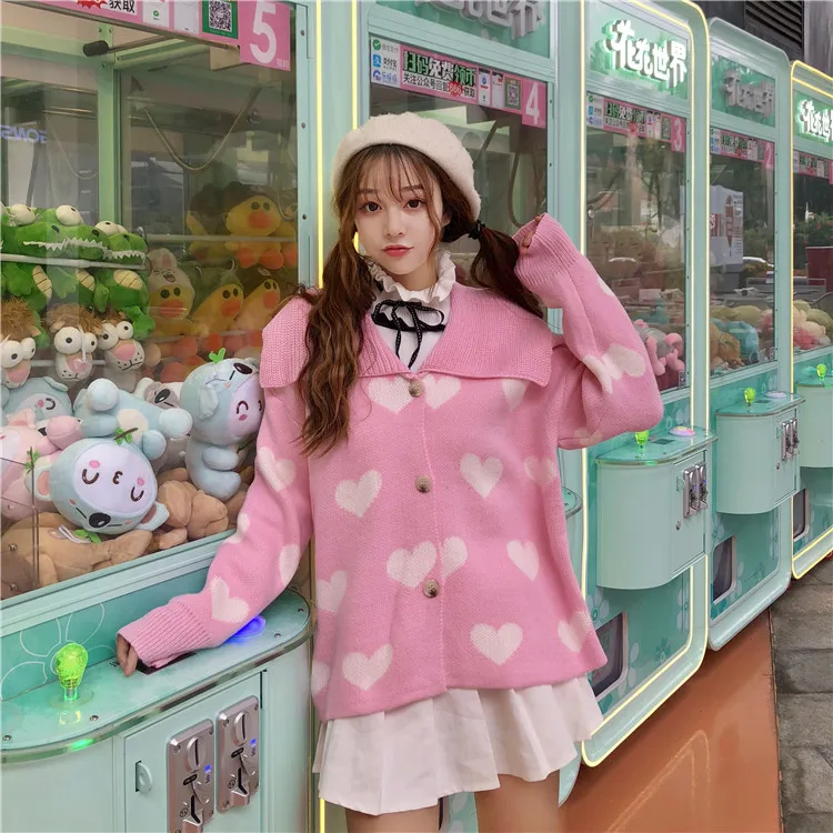 Корейский элегантный милый модный женский свитер Харадзюку каваи клубничное сердце прекрасный розовый кардиган куртки зимний Свободный вязаный джемпер