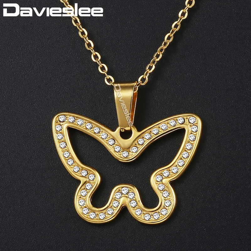

Davieslee Pendant Necklace For Women Gold Silver Stainless Steel CZ Butterfly Womens Pendant Necklaces 2018 Jewelry Gift DKNM171