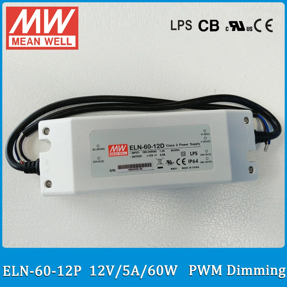 

Original Meanwell ELN-60-12D PWM dimming driver 60W 5A 12V adjustable led power supply IP64 LED driver ELN-60 P type