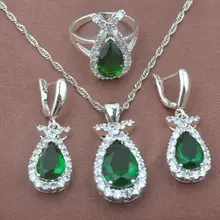 925 серебряные ювелирные наборы зеленый цирконий женское свадебное хрустальное ожерелье кулон серьги кольцо подарочная коробка TZ0455