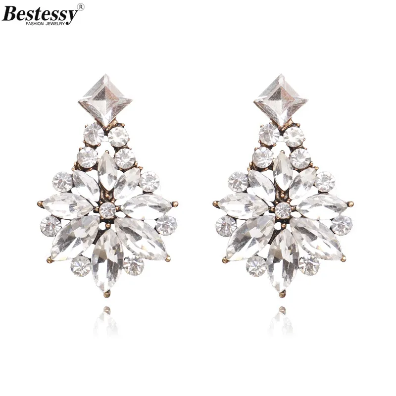 

Bestessy Flower Statement Earrings Pink/White/Black Rhinestone Stud Earrings Vintage Maxi Earrings Wedding Party Jewelry