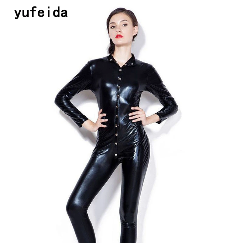 

YUFEIDA Sexy Shiny Adult Outfit Costume Cat Women Leather Jumpsuit Lady Clubwear Body Suits Black Hot Fitness Game Night Club