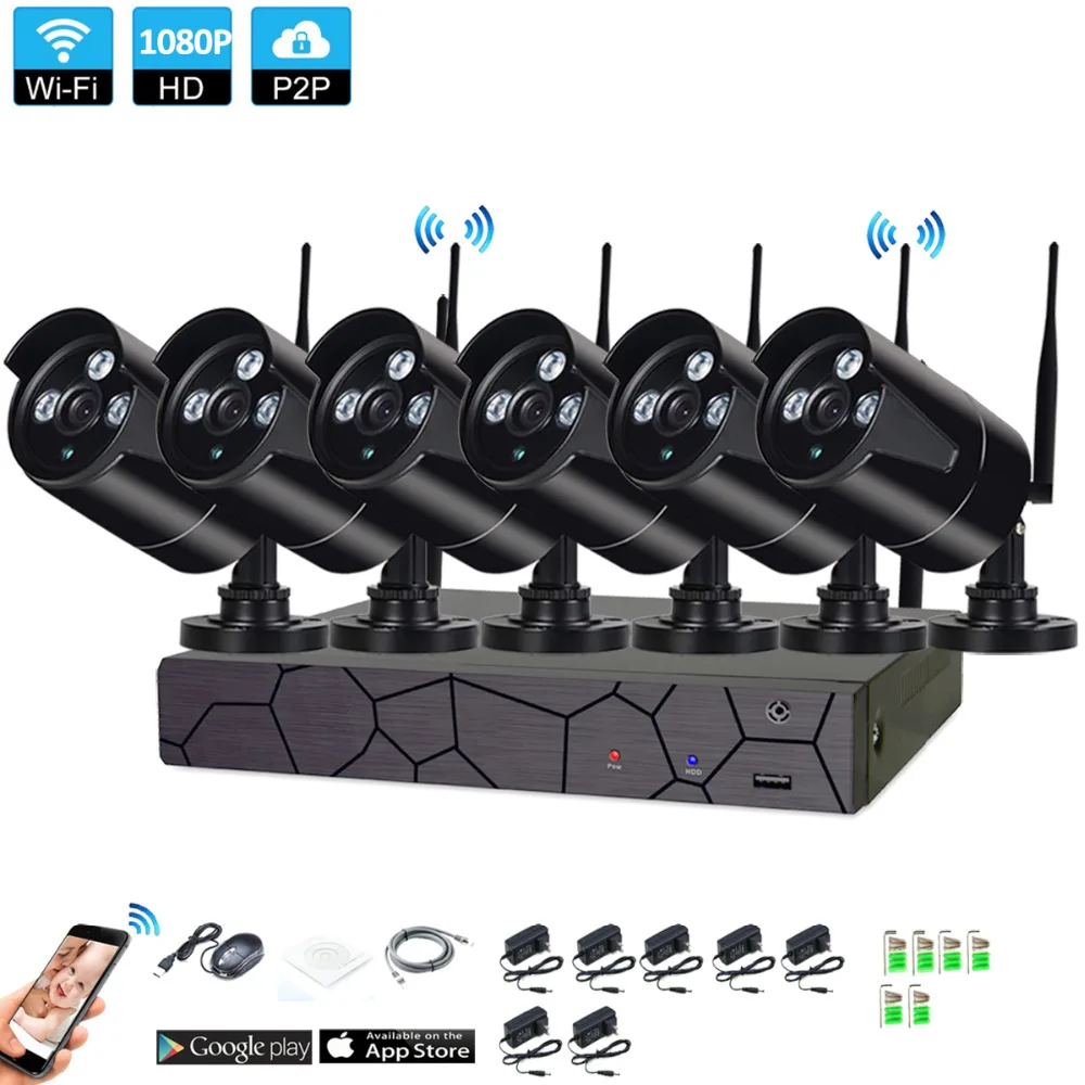 

Plug and Play 6CH 1080P HD Wireless NVR Kit P2P 1080P Indoor Outdoor IR Night Vision Security 2.0MP IP Camera WIFI CCTV System