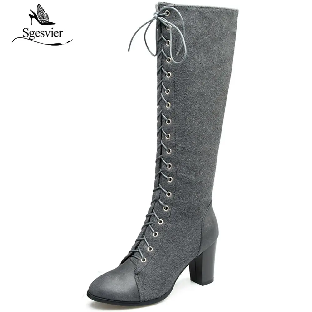 Sgesvier Fashion Women Lace Up Riding Boots Chunky High Heel Knee High