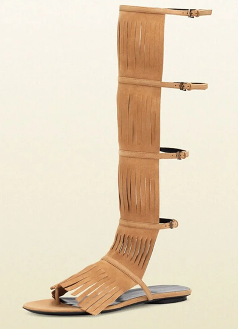 Newest Women Fringed Knee High Boots Sexy Gladiator Flat Sandal Boots
