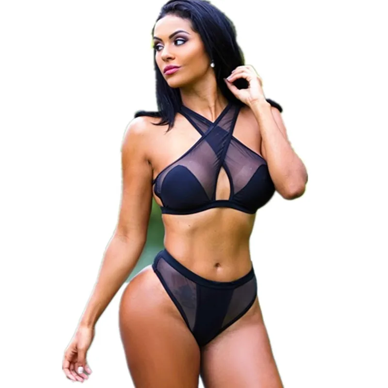 

2017 Black Bikinis Women Halter Cross Swimwear Mesh High Waist Swimsuit Bathing Suit Sexy Brazilian Biquini Maillot de Bain
