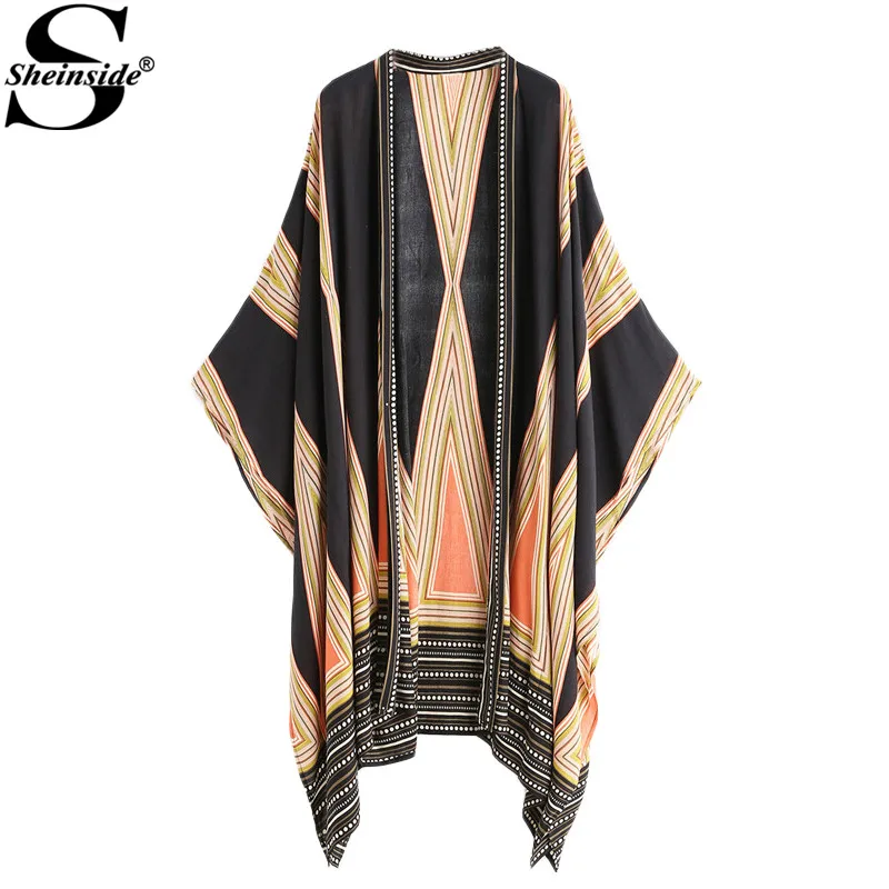 Sheinside Boho ארוך חולצה 2017 חולצות האופנה ניו הקיץ מקרית הדפסת Vintage נשים צבעים Geo קימונו שרוול Loose לונג ביץ'