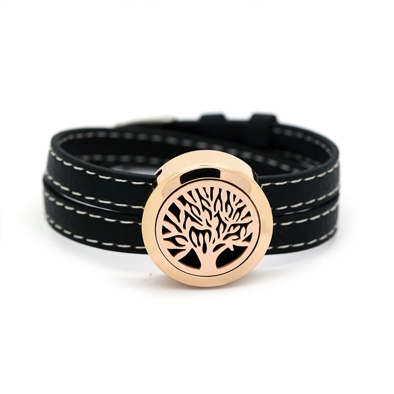 

Tree of Life Essential Oil Diffuser Bracelet 25mm Rose gold Stainless Steel Screw Top Cloud Aromatherapy Locket Leather Bracelet