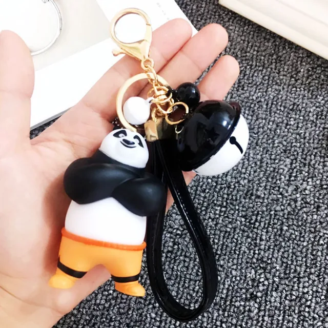 Cartoon Kung Fu Panda Doll Cute Keychain Leather Rope Key Holder Metal Bell Key Chain Keyring