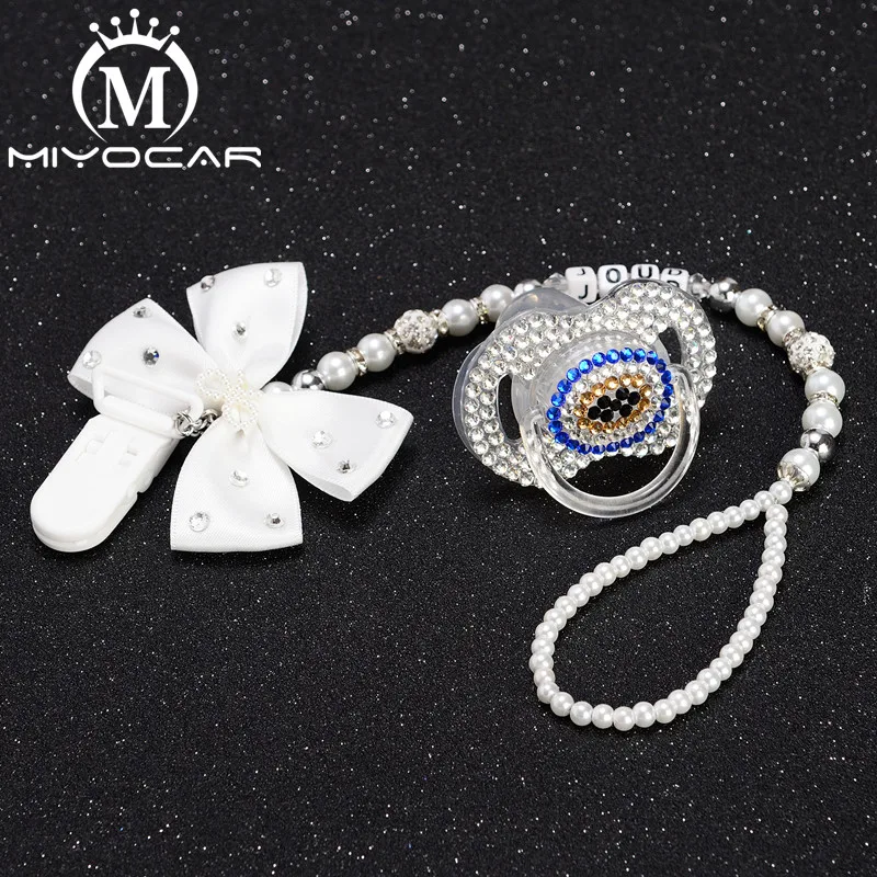 

MIYOCAR Any name white bling rhinestone princess pacifier clip holder dummy clip with evil eye bling pacifier dummy idea gift