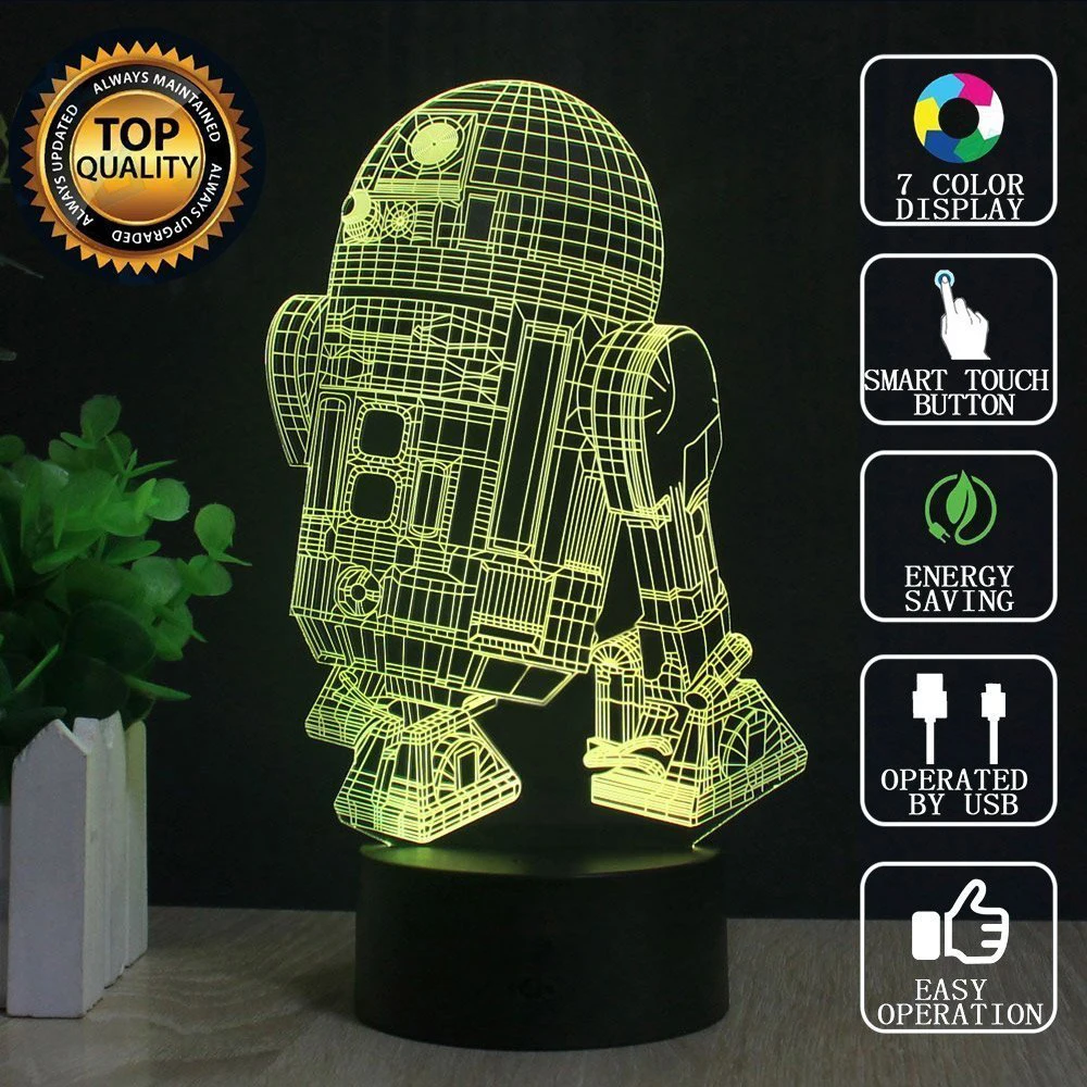 

3D R2-D2 Robot Lamp LED Lights USB Rechargeable Touch Switch Changeable Color Night Light with For Decorative Home Kids Gift