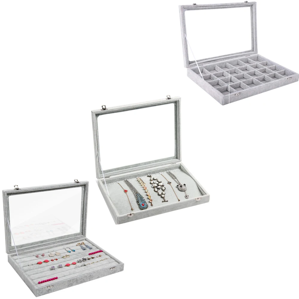 

SZanbana Large Gray Velvet Removable Dividers Jewelry Tray Showcase Glass Window Display Storage 2 Safety Locks Organizer