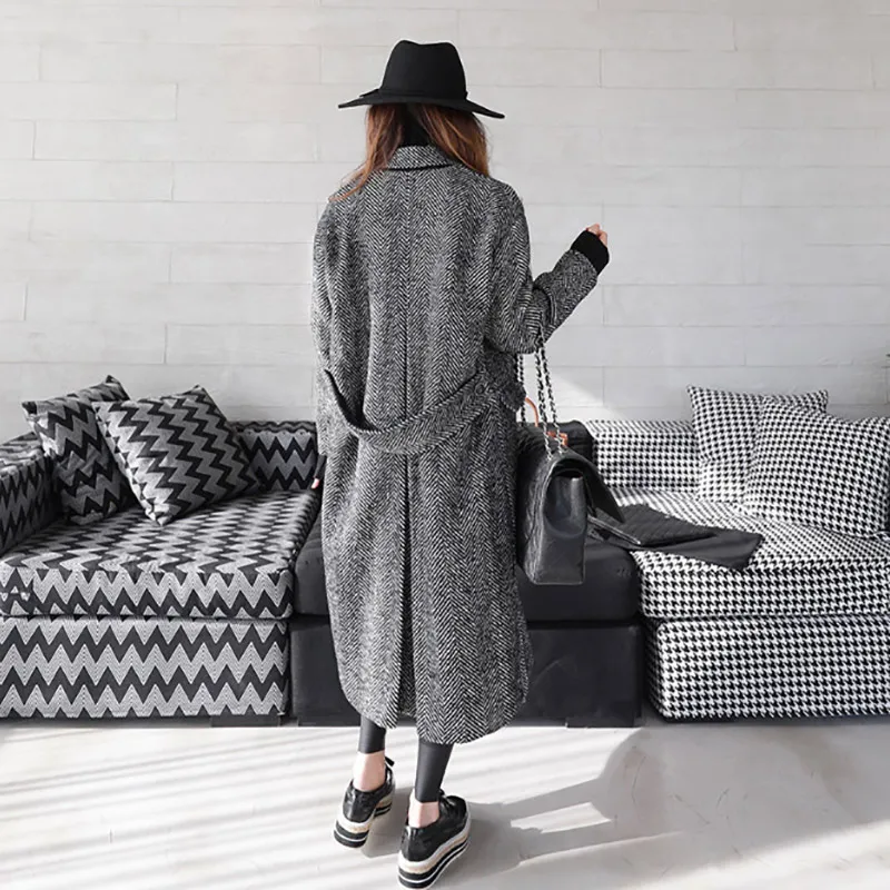 TREND-Settler 2018 Spring Fashion Casual Striped Wool Coat Women Long Ladies Black Double Breasted Coat for Women