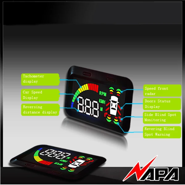 

Car Blind Zone Detection kit with HUD with 4 front bumper sensor with 2 BSD covering mirror blind spot