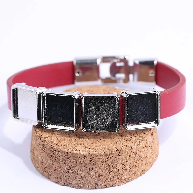 

shukaki 5pcs/lot Fit 12mm square cabochon bracelet base diy flat leather blank metal bracelet bezel trays for jewelry making