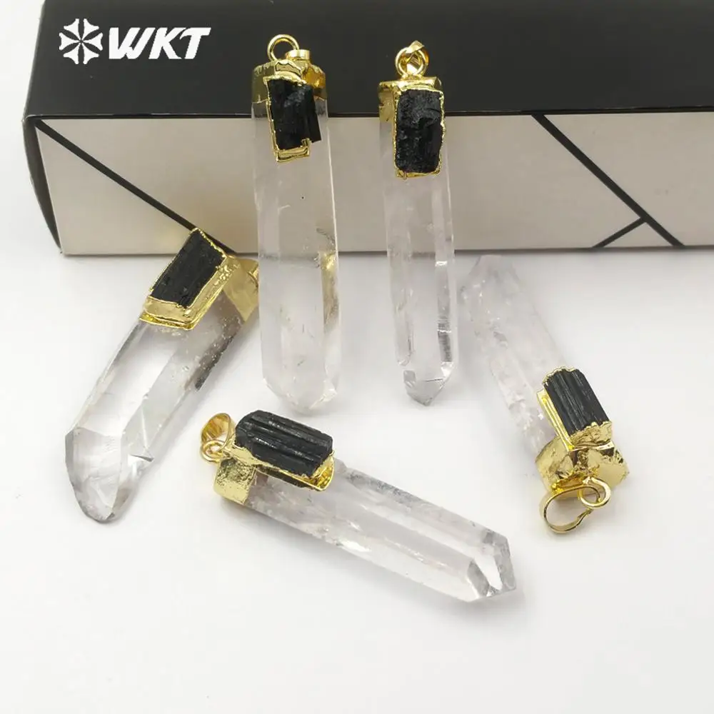 WT-P1447 WKT Кристалл кварц с черным турмалиновым шармом с золотым покрытием кулон Женская мода ожерелье кулон ювелирные изделия