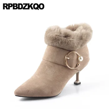 

2018 Booties Strange Furry Short Pointy Suede Real Fur Stiletto Pointed Toe Autumn Women Ankle Boots Medium Heel Fashion Shoes