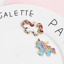 10pcs 30*35mm Rainbow Unicorn Enamel Charms Fit Jewelry Making Accessories Metal Horse Pendants Lady DIY Keyring Charms FX010