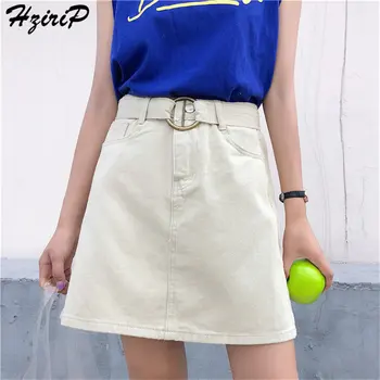 

Hzirip Korea Chic Hot 2019 Summer Women Solid Sexy Slim Sashes High Waist Loose Fashion A-Line Plus Mini Denim Skirts 5 Colors