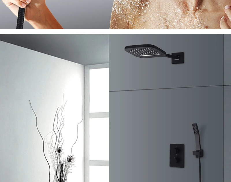 DCAN Brass Black Bathroom Rain Waterfall Shower Panel Set Thermostatic Massage System Tub Faucet with Jets & Hand Shower System (8)