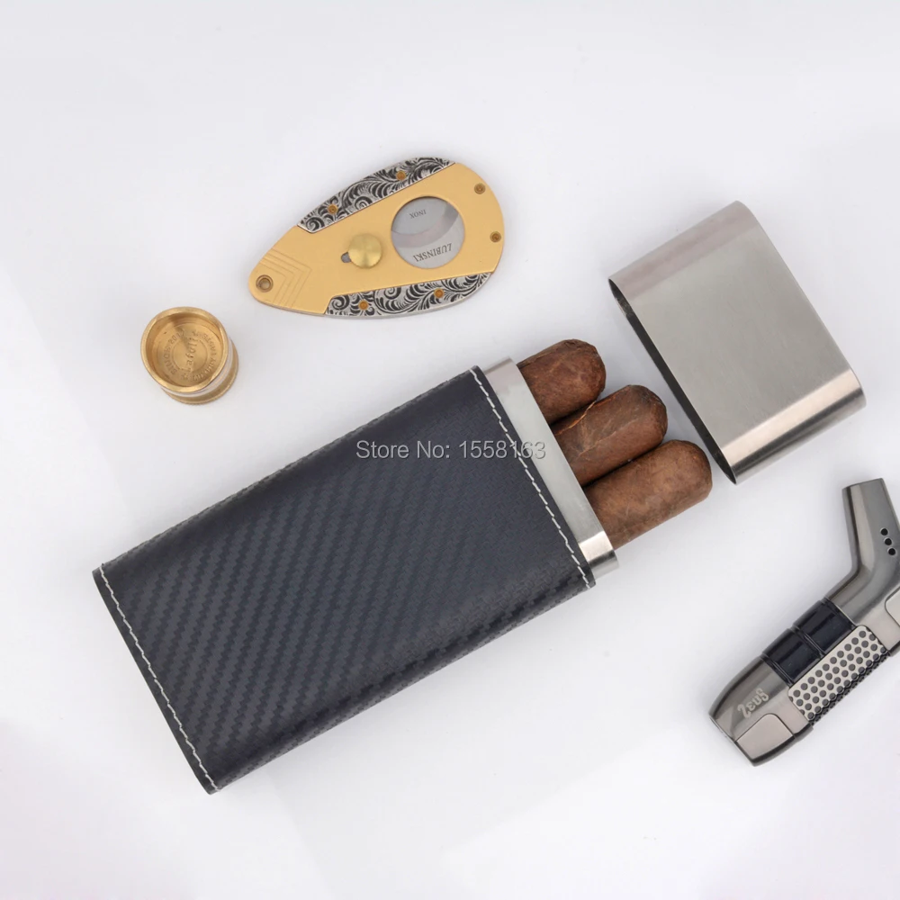 Black Carbon Fiber 3 Finger 52 Ring Gauge Cigar Case Holder with Cedar Lining 