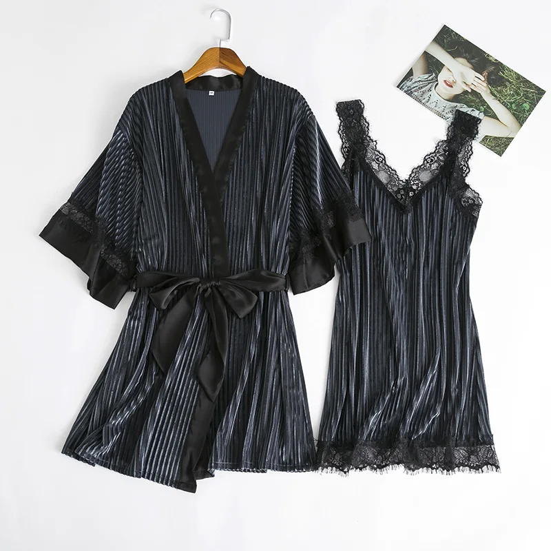 MECHCITIZ, кружевное женское платье и халат, комплекты, модные, роскошные, с рукавом до локтя, осенняя одежда для сна, из двух частей, одежда для сна, бархатный халат и платье - Цвет: grey