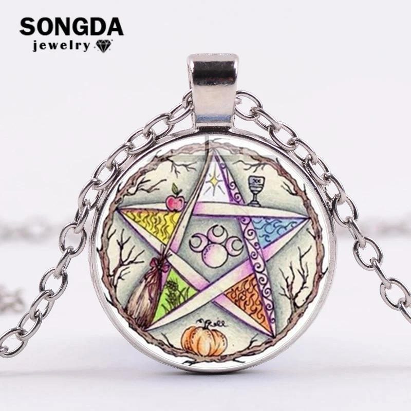 

SONGDA Esoteric Pentagram Wiccan Pendant Necklace Tree of Life Wicca Star Vintage Photo Glass Dome Necklace Women Gift Talisman