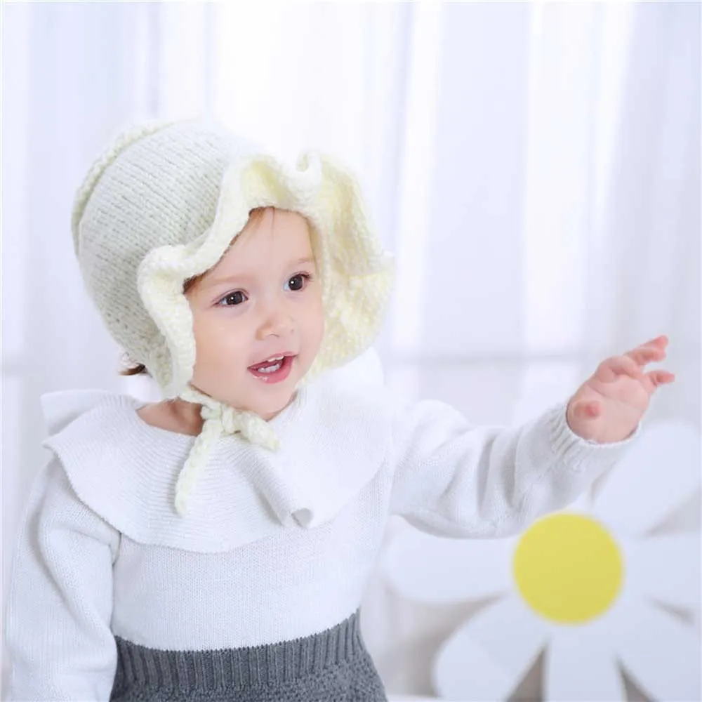 

MUQGEW Wool tie with Princess toddler winter hat Newborn Girls Caps Flounce Woolen Tie Kid Princess Girls beanie hats for baby