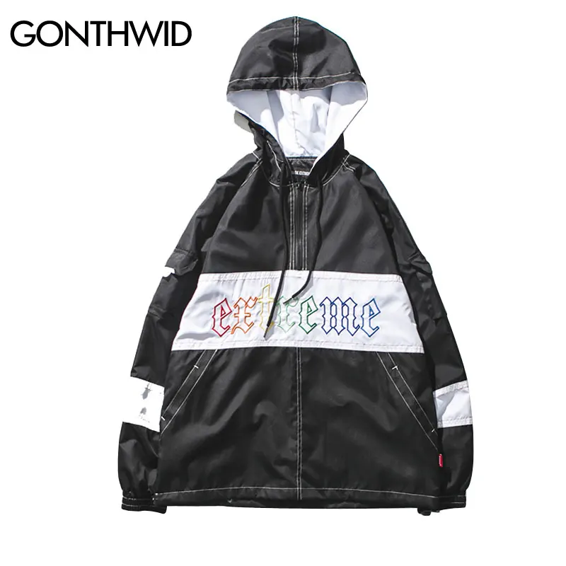 

GONTHWID Color Block Patchwork Pullover Windbreaker Hoodie Jacket Men's 2019 Spring Embroidery Half Zip Jackets Streetwear Coats