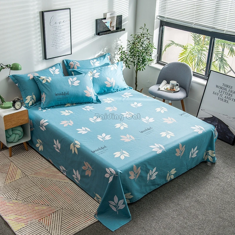 Spring Leaves Printed Bed Sheet Set 100% Cotton Fabric Flat Sheet Twin Full Queen King Mattress Cover Protector for Adult & Kids