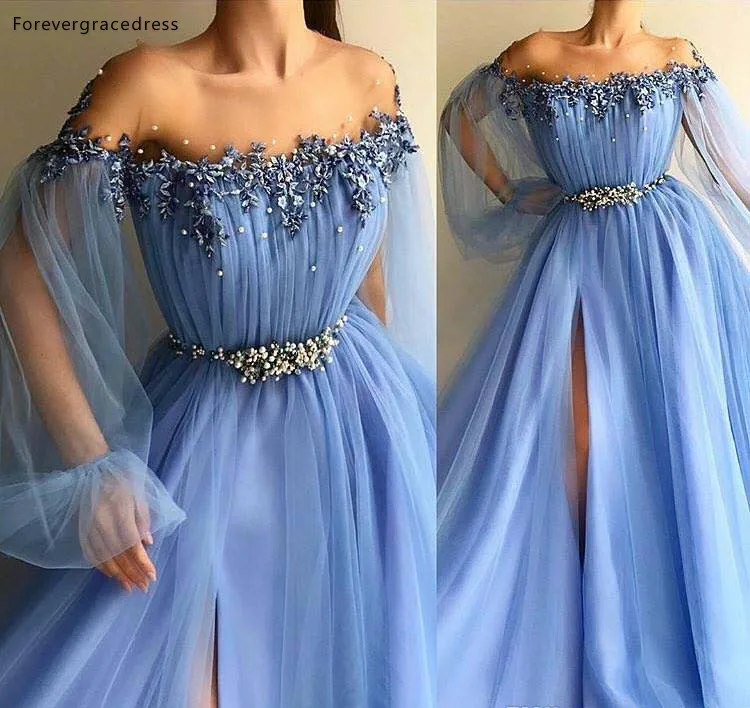 Fairy Sky Blue Prom Dresses Appliques Pearls A Line Off Shoulders Poet Long Sleeves Evening Gowns Front Split Plus Size  129