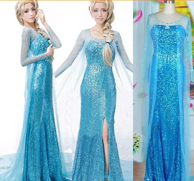 

Hot Sales Elsa Queen Adult Women Dress Costume Cosplay Flowery Fancy Party Gown Dresses Vestido Blue Sexy Women Clothing