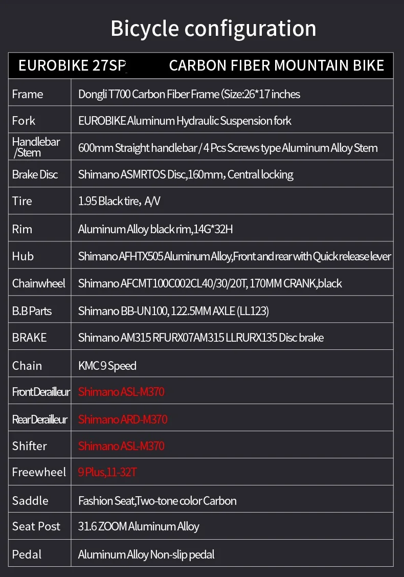 Clearance EUROBIKE 26 Inches Carbon Fiber Mountain Bikes Dual Hydraulic Disc Brake Shock Fork 3
