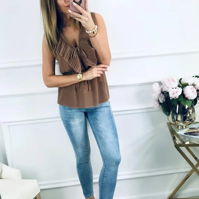 

Women Fashion Chiffon Shirt Sexy V Neck Ruffles Lace Up Sleeveless Blouse Casual Tops
