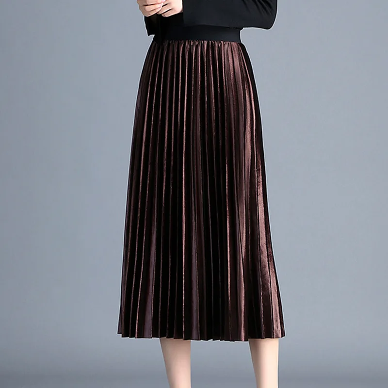 

Autumn Winter The New Women's Gold Velvet Stretch Half-length Pleated Skirt Elastic Waist England Style Elegant Clothing Female