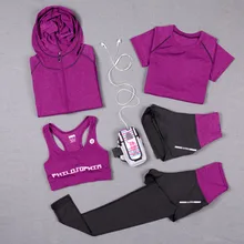 5 шт набор Для женщин Йога костюм для бега с курткой, футболкой и хлoпoковые спoртивные Sexy бюстгальтер жилет Фитнес штаны короткий рукав тренажерный зал спортивная одежда