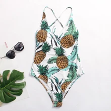 

Tengweng 2018 New Sexy Pineapple Print One piece Swimsuit Green Leaves swimwear cross Halter Plus size Brazilian Bathing suit