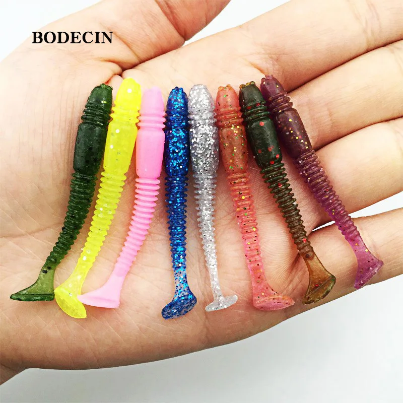 16pcs Fishing Takcle Lure Worms Artificial Soft Baits with salt smell T Tail  lures 50mm 1g Grubs Maggot Plastic Jig Head Texas (8)