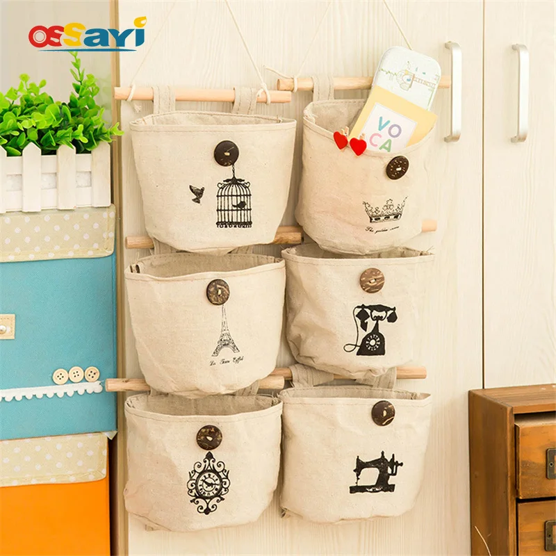 

1pcs Wall Mounted Storage Bags 6 Patterns With Sticks Bathroom Kitchen Supplies Cotton Combined Door Behind Wall Hanging Bags