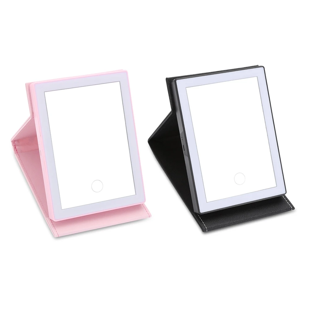 

Folding Makeup Mirror LED Light Touch Screen Table Mirror PU Leather Cover USB Charging Travel Mirror Adjustable Lamp Luminous