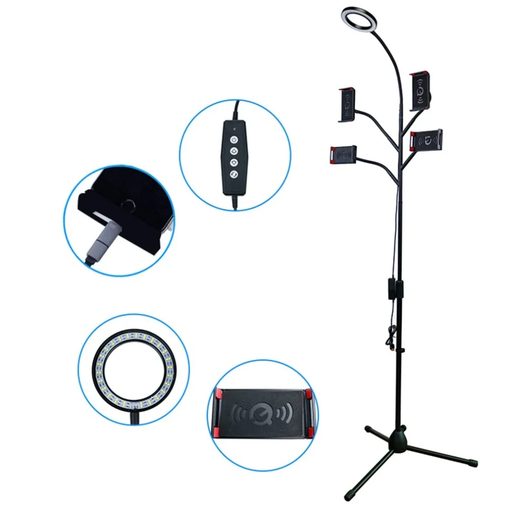 

Multifunction Floor Broadcast Stand With 4 Clamps Selfie Ring Light Adjustable 360 Rotation for Live Stream Video Shooting