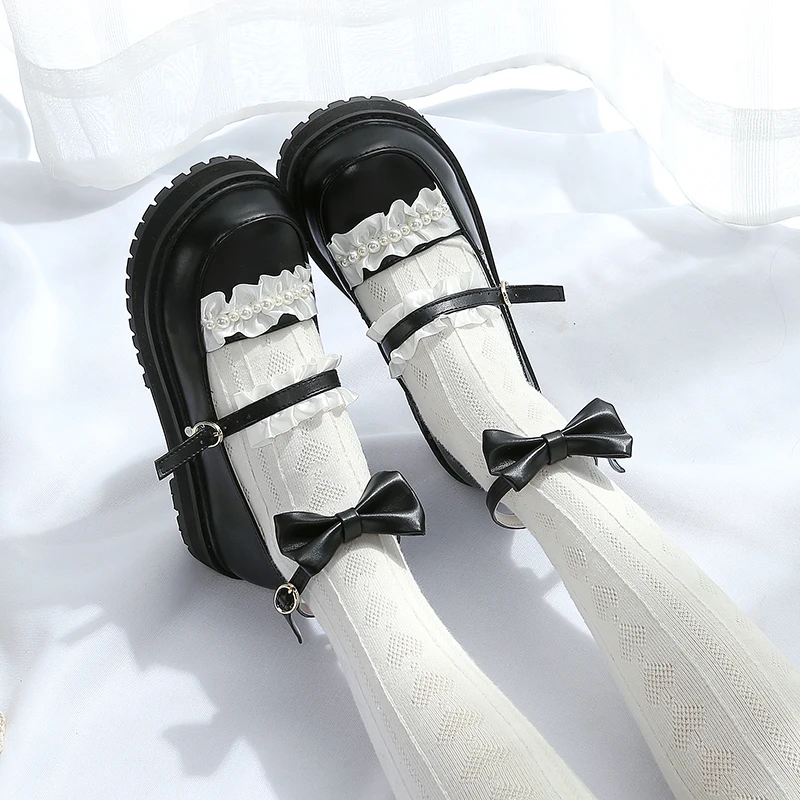 Японские милые кружевные туфли Лолиты, милые туфли с бантиком на низком каблуке с круглым носком, черные/белые/розовые/винно-красные/коричневые туфли на плоской платформе
