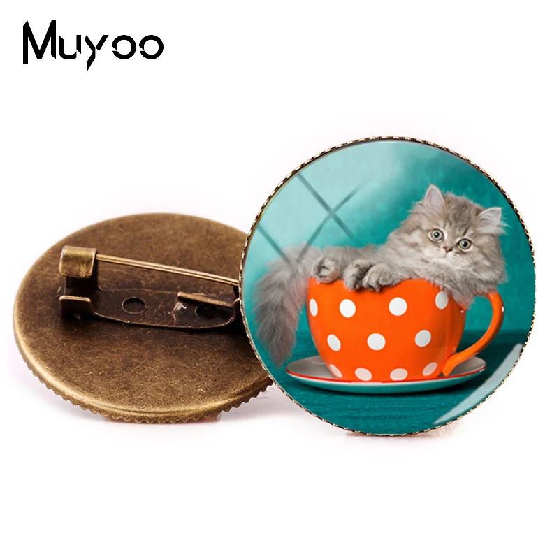 

2018 New Style Cupcake Brooch Persian Kitten in Teacup Brooches Pins Women Men's Shirt Accessory Glass Cabochon Jewelry Pin