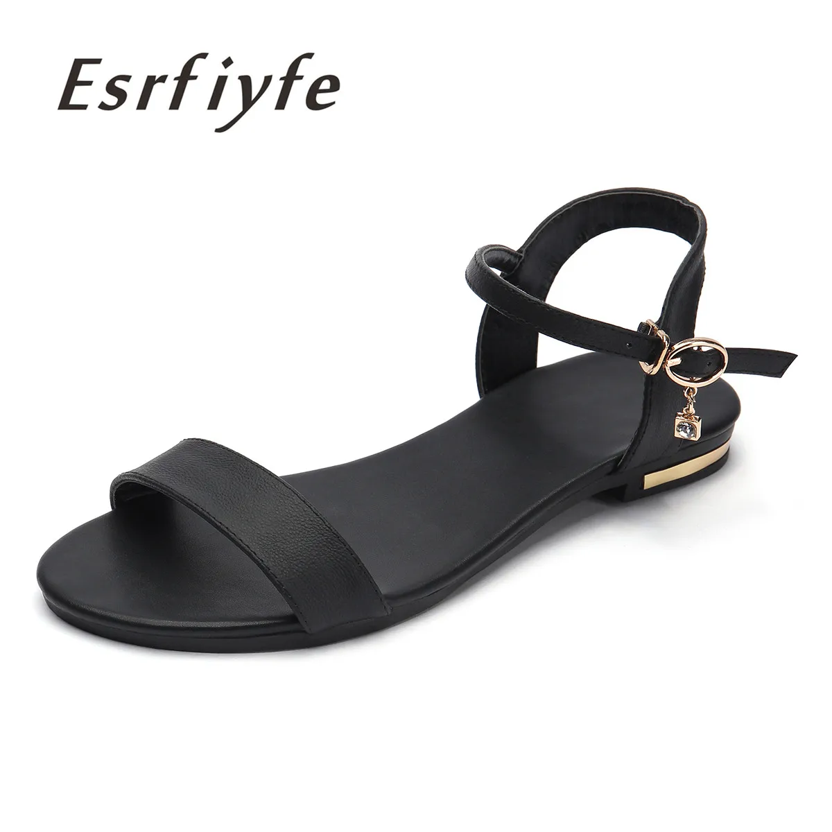 

ESRFIYFE Sandalias Mujer 2018 New High Quality Genuine Leather Women Shoes Ladies Solid Flat Summer Beach Shoes Plus Size 34-43