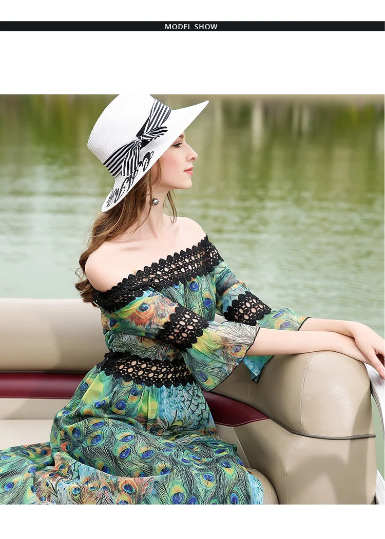 Элегантное кружевное летнее платье с воротником-лодочкой и расклешенными рукавами Модное шифоновое платье костюм с принтом павлиньих перьев