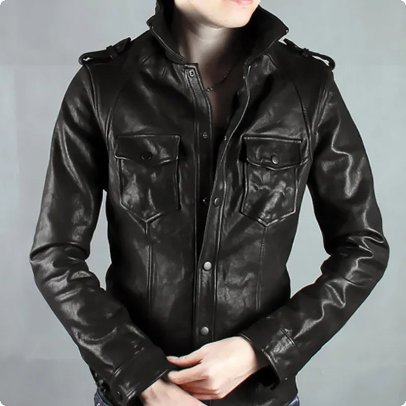 

2019 New Arrival British Style Mens Sheepskin 100% Real Leather Jacket Single Breasted Pockets Male Coat Fashion Motorcycle